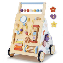 Frogprin wooden baby walker side view showing stability and design for early walking.