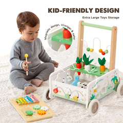 Frogprin wooden walker featuring spinning gears for tactile exploration