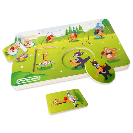 FROM ONE wooden puzzle farm animalsβpromotes hands-on learning through animal sounds.