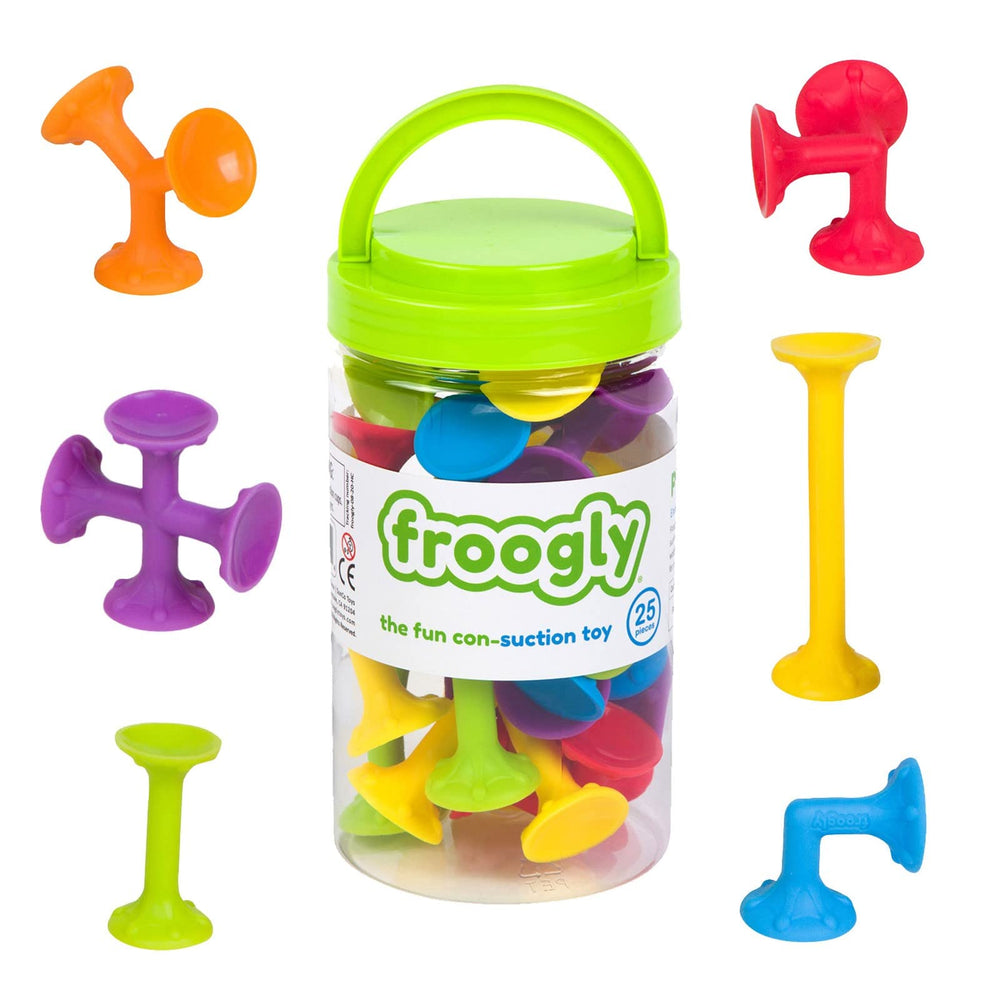 Froogz Froogly 25-piece suction toy set with colorful shapes ready for bath time play.