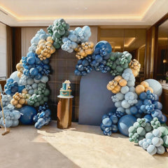 Froova Dessert table backdrop detail in green and blue tones.