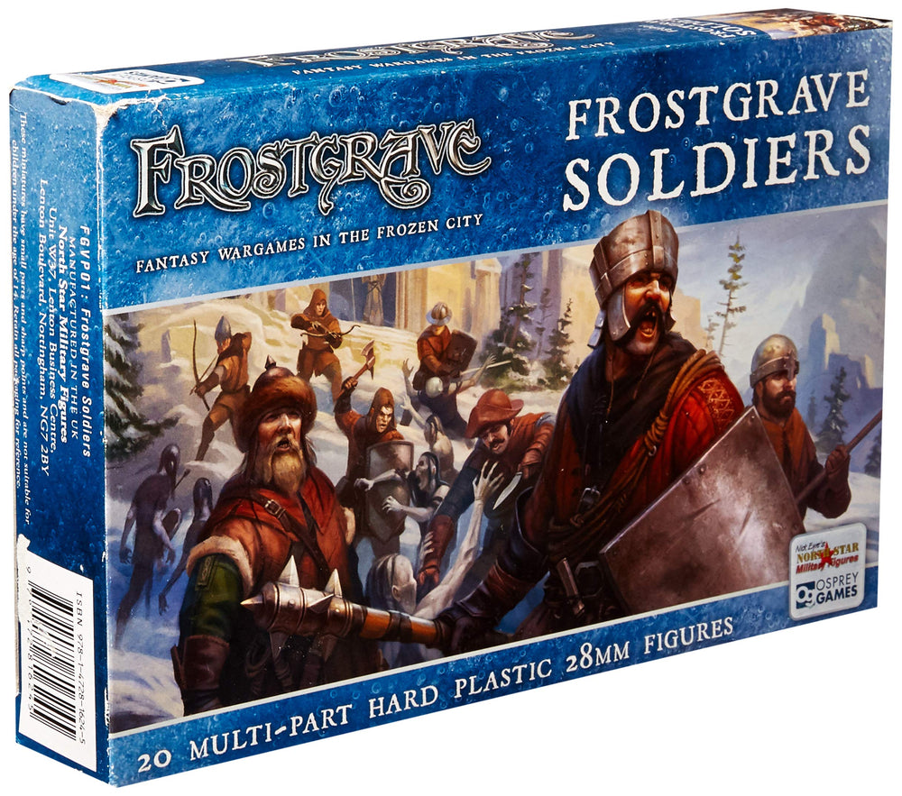 Frostgrave Soldiers group shot showing 20 unique 28mm miniatures for diverse warbands.