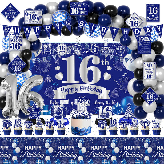 FrozzlyFun 16th birthday backdrop creates a photo-ready blue-silver stage.