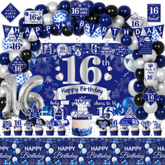 FrozzlyFun 16th birthday backdrop creates a photo-ready blue-silver stage.