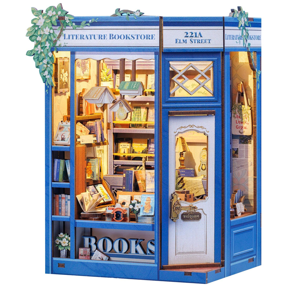 Fsolis Book Nook Kit assembly stage with wooden pieces ready for a shelf diorama