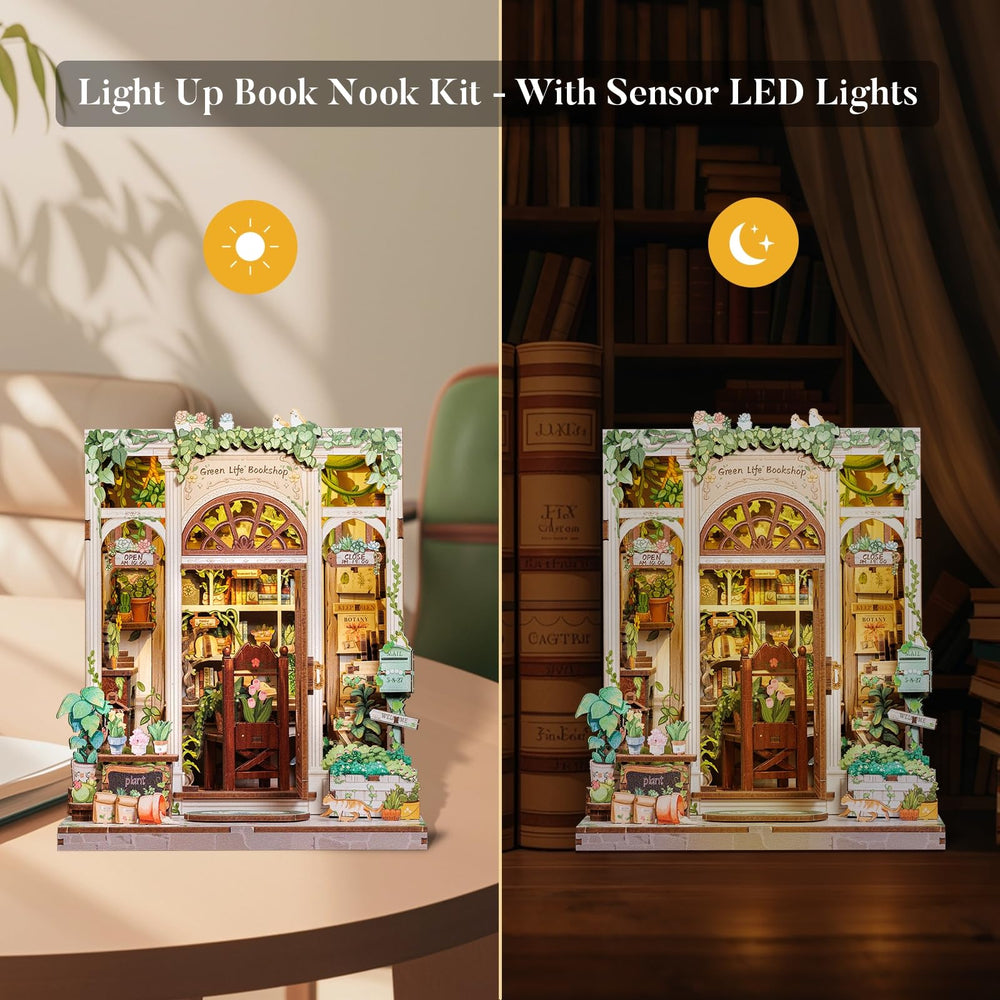 Fsolis Book Nook Kit with LED lights adds warm ambiance to shelves.
