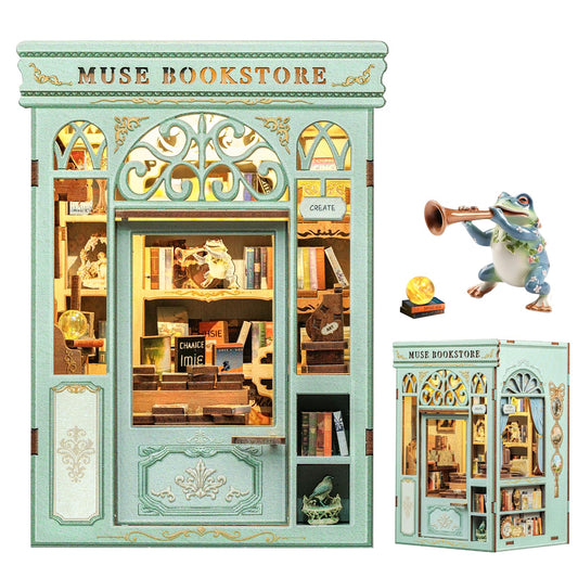 Fsolis Book Nook Kit Muse Bookstore scene with tiny lights for cozy shelf decor