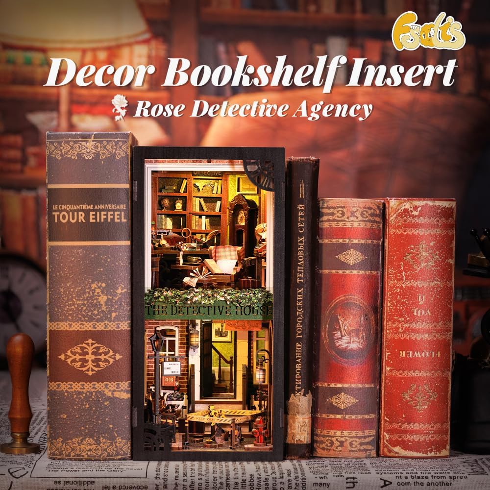 Fsolis Book Nook Kit LED lighting enhances the cozy vignette