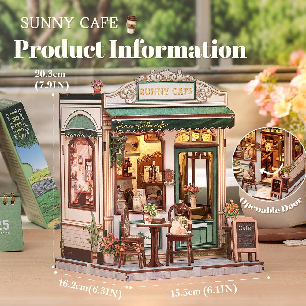 Fsolis Book Nook Kit Sunny Cafe lit diorama with tiny cafe sign