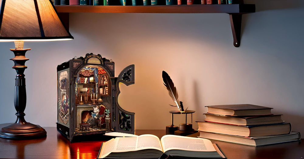 Fsolis LED sensor light and dust cover add ambiance to the book nook.