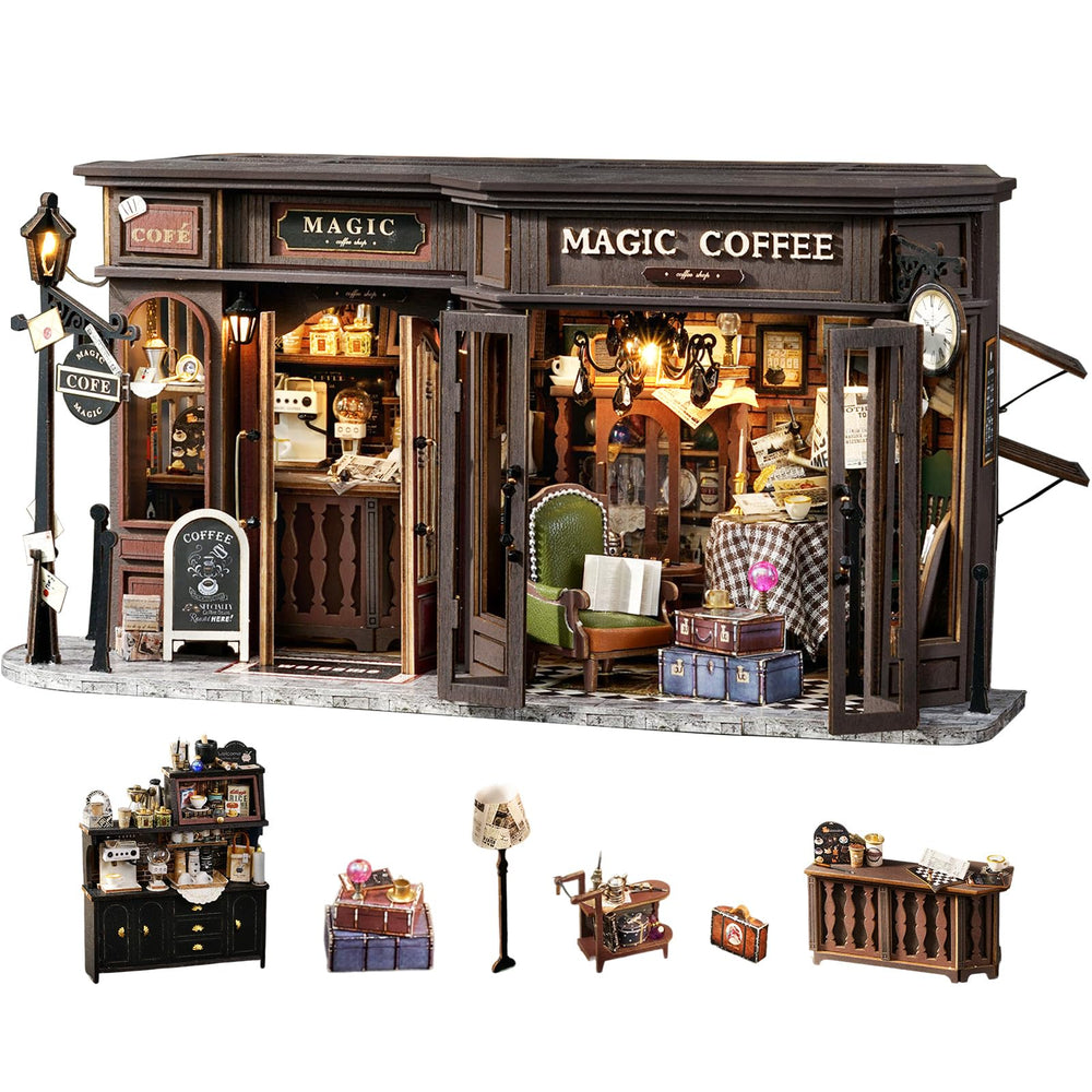 Fsolis Magic Coffee dollhouse kit assembly scene for mindful relaxation and focus