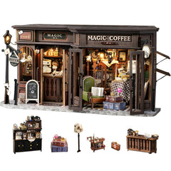 Fsolis Magic Coffee dollhouse kit assembly scene for mindful relaxation and focus
