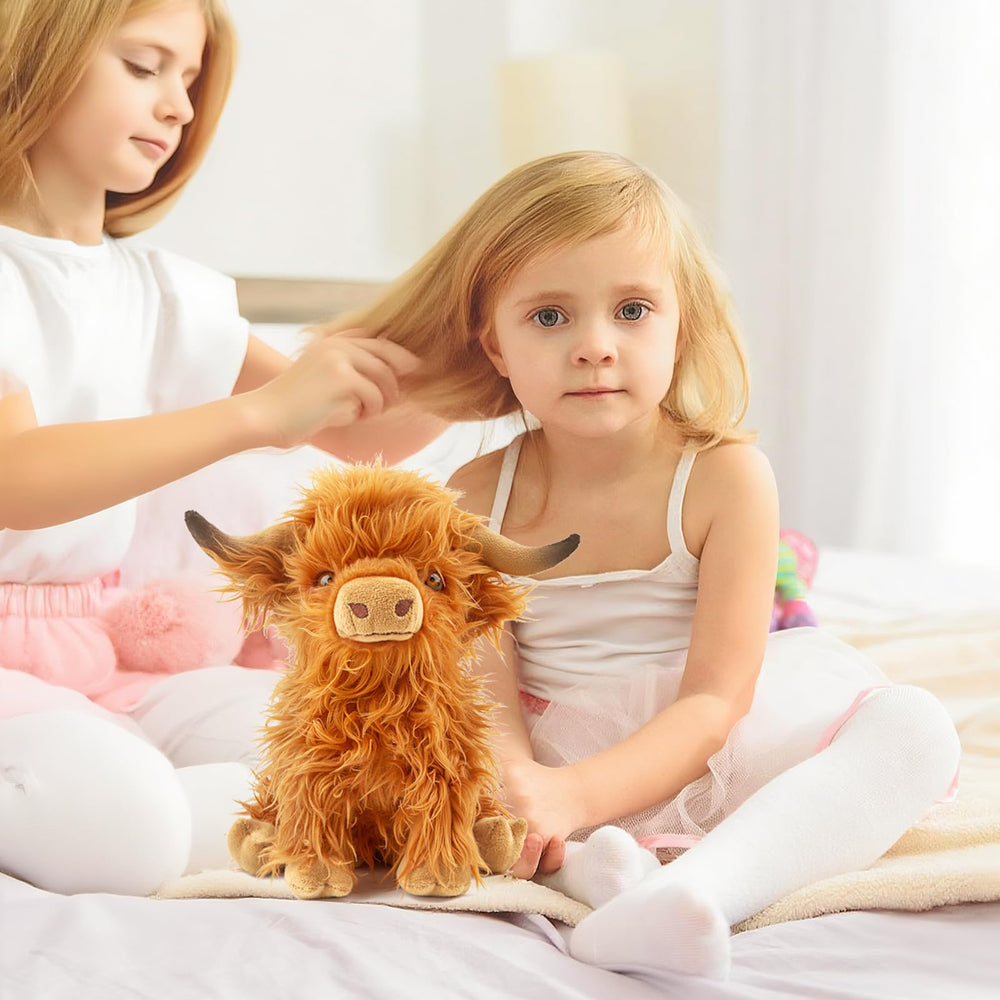 FSUGT Highland Cow plush toy side view, fluffy fur for cozy playtime