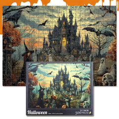 The Witch's Castle puzzle in progress with distinctive shapes ready for assembly