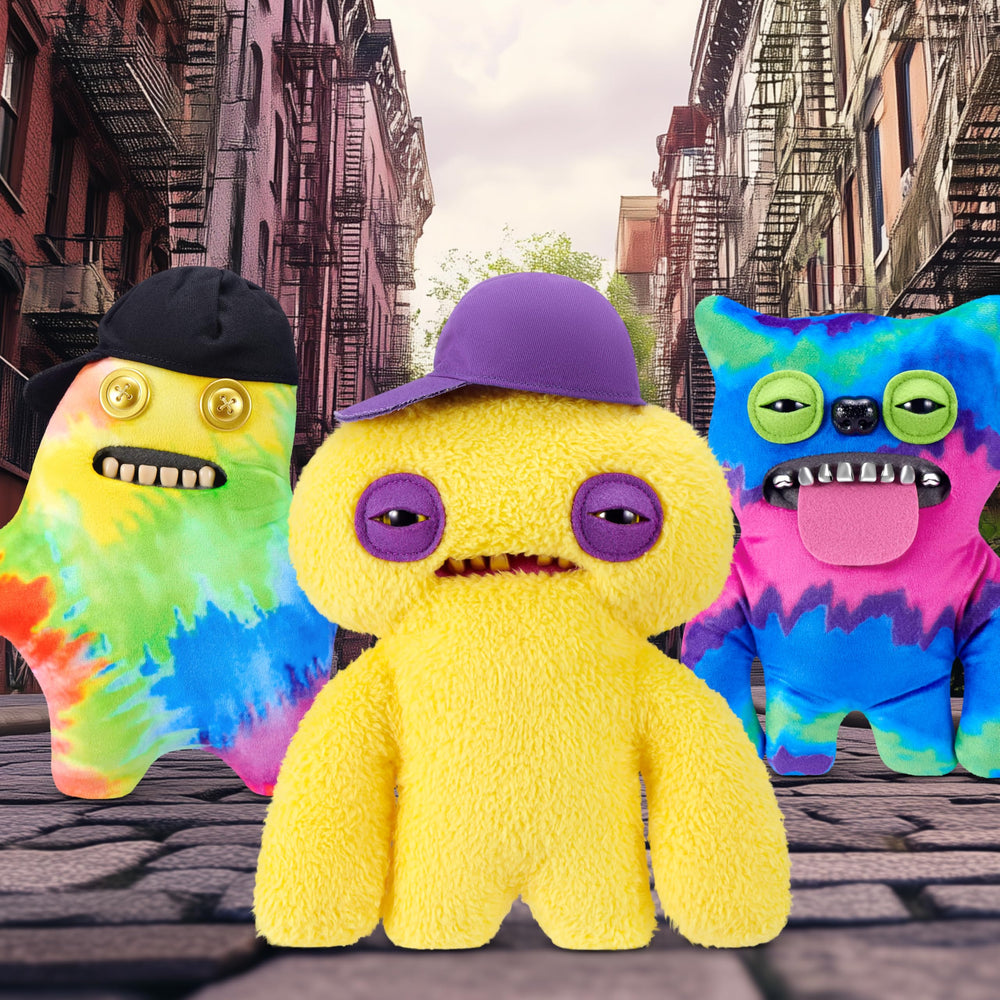 Fuggler distinctive eyes create bold decor on a shelf.