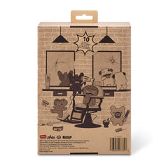 Fuggler moustache and monobrow detail emphasizing playful mischief and decor.