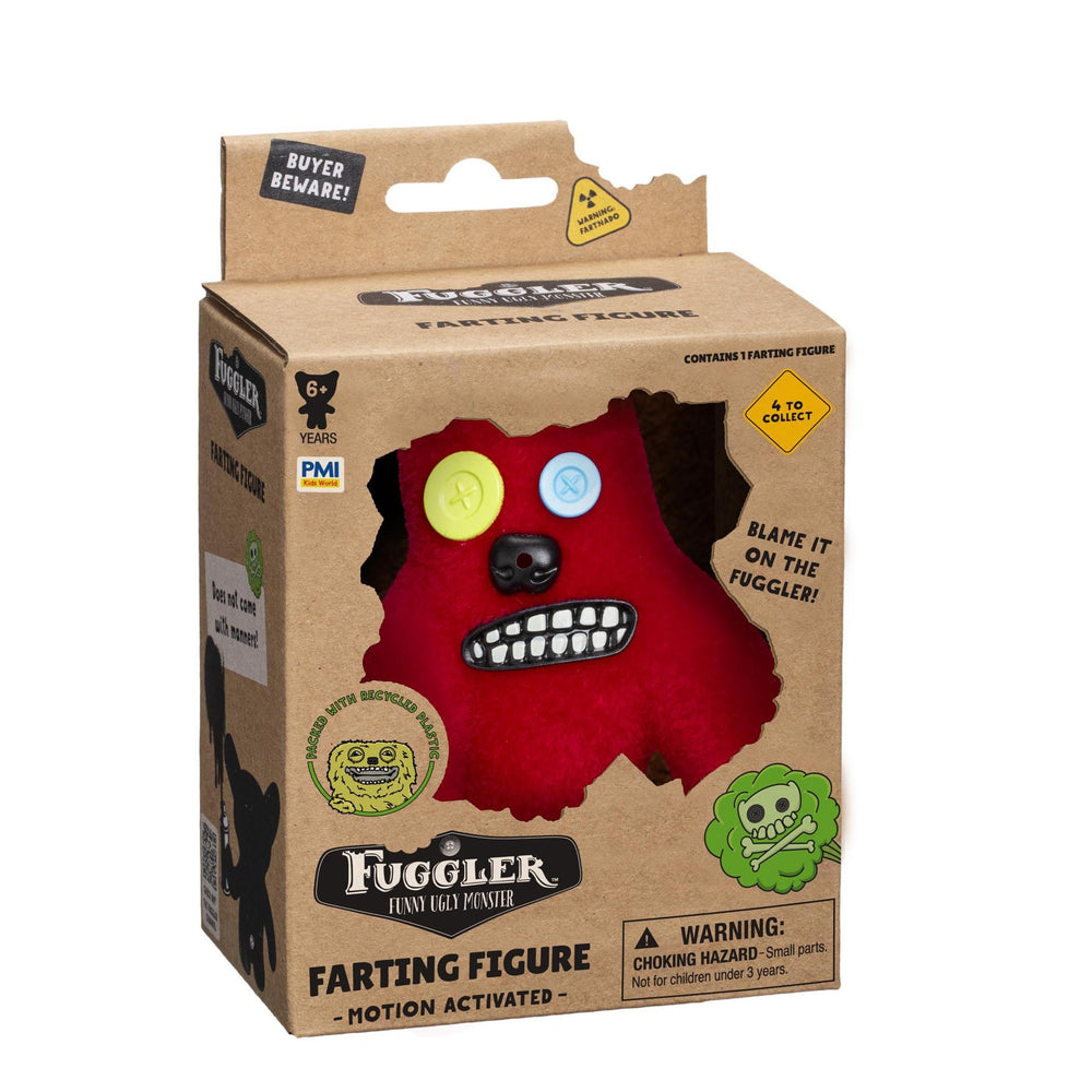 Fuggler small parts warning label and kraft box emphasize safe gifting.