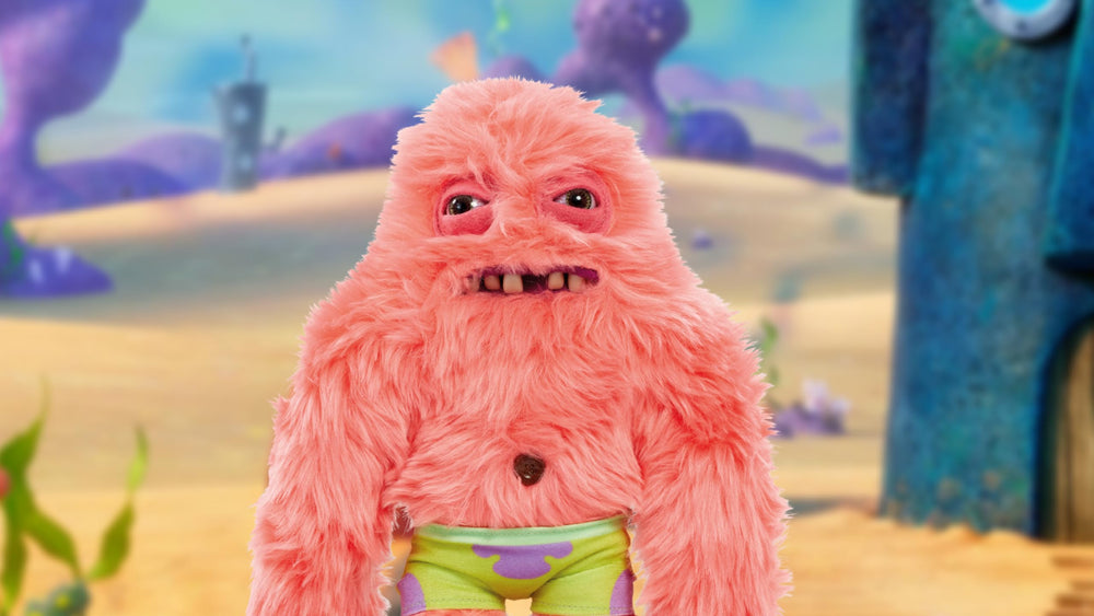 Fuggler SpongeBob Patrick 9-inch plush, teeth detail, playful horror vibe for collectors.