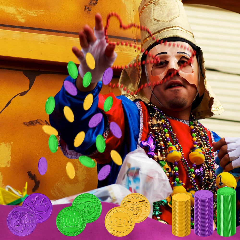 Fullive Mardi Gras gold coins with purple element design for coordination.