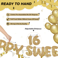 Fulmoon Happy Sweet 16 banner 13ft length shown in room layout for ambiance.