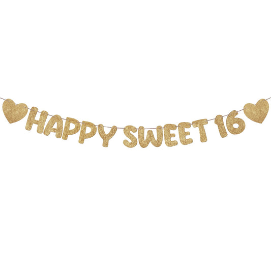 Fulmoon Happy Sweet 16 banner glitter close-up ideal for a sparkling photo backdrop.