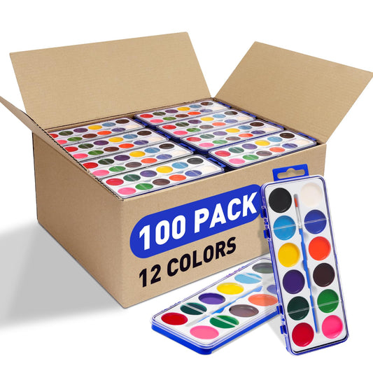 FUMILE 100-pack kids watercolor set with 12 colors and brush for classroom projects.