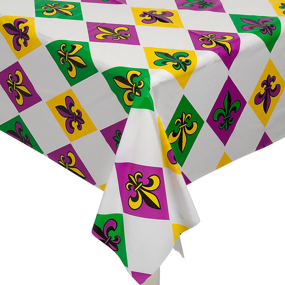 Fun Express Mardi Gras tablecloth roll in action covering a table for festive dining