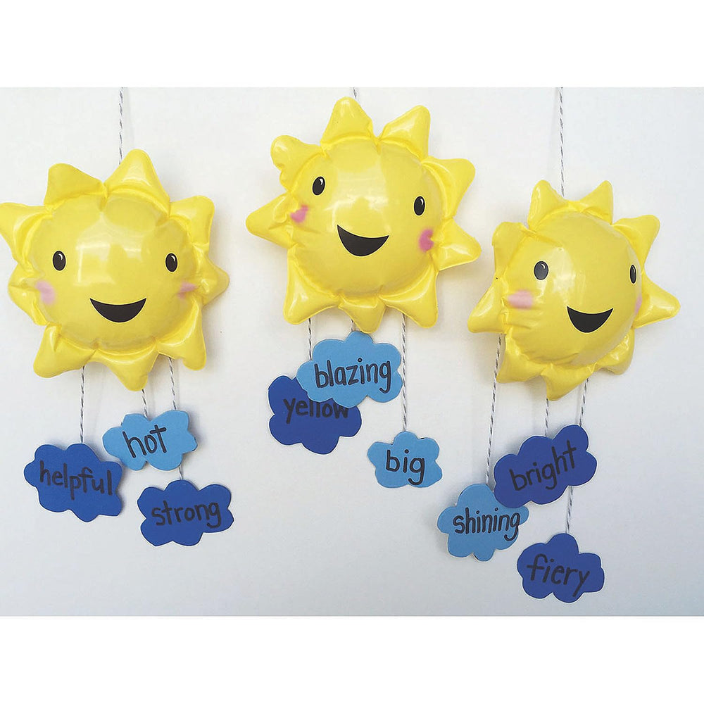 Fun Express inflatable sunshine beach balls in yard setup, great for summer backyard games.