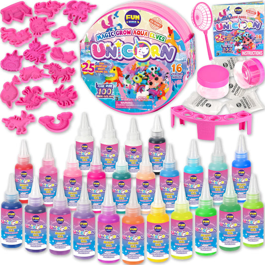 FUN KIDZ Unicorn Magic Grow Aqua Elves kit shows 16 unicorn molds for imaginative play.