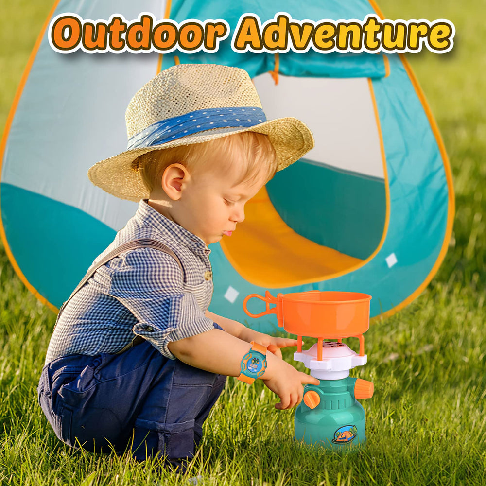 FUN LITTLE TOYS battery-powered gas stove lights up kids' pretend campsite.