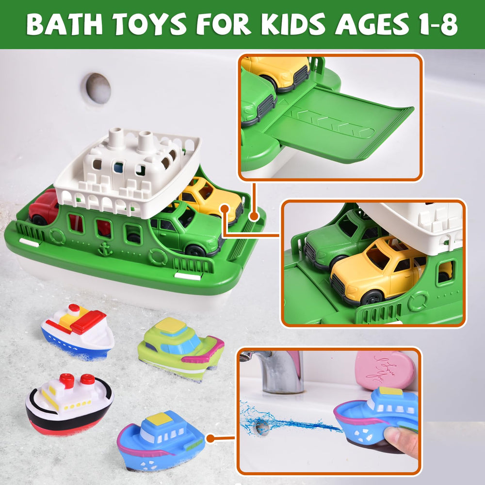 Fun Little Toys green mini car adds lively bath-time storytelling.