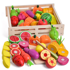 FUN LITTLE TOYS storage box keeps wooden play food organized for kids.