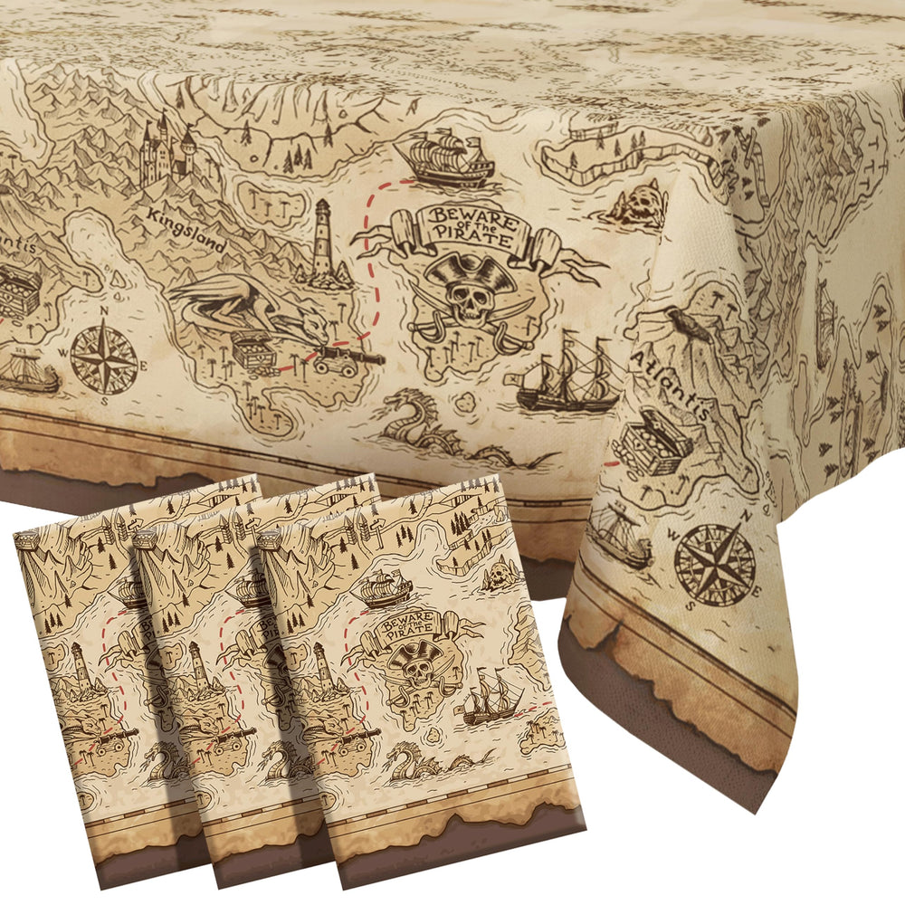 FUN RACCOON pirate tablecloth map close-up showing treasure detail for themed parties and easy cleanup