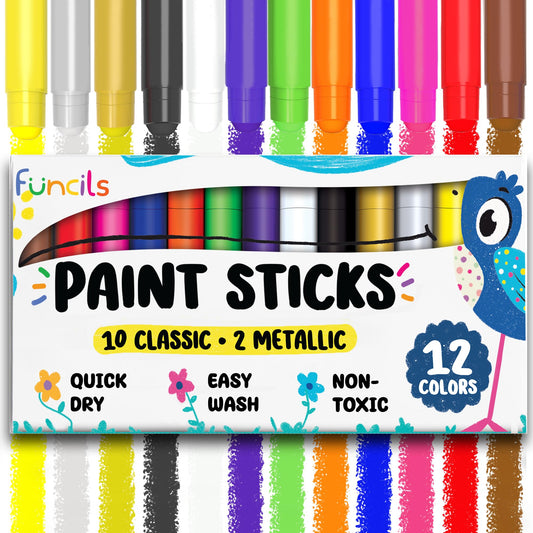 Funcils 12 tempera sticks pack with vibrant colors for kids' art projects.