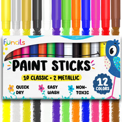 Funcils 12 tempera sticks pack with vibrant colors for kids' art projects.