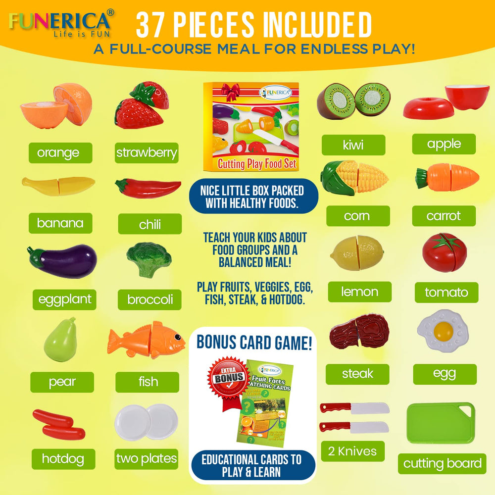 FUNERICA cuttable play food carrot fosters color awareness and hand-eye coordination.