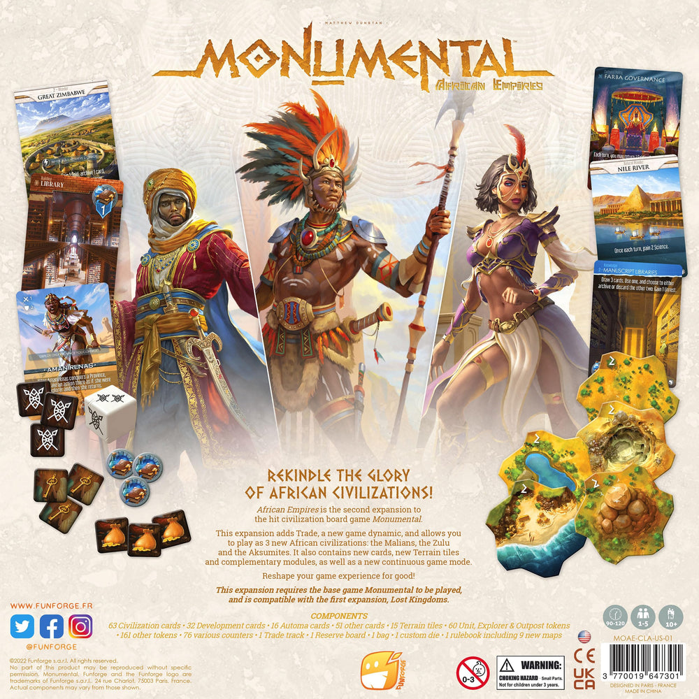 Funforge Monumental African Empires Expansion showcases modular maps with adjustable difficulty for varied sessions.