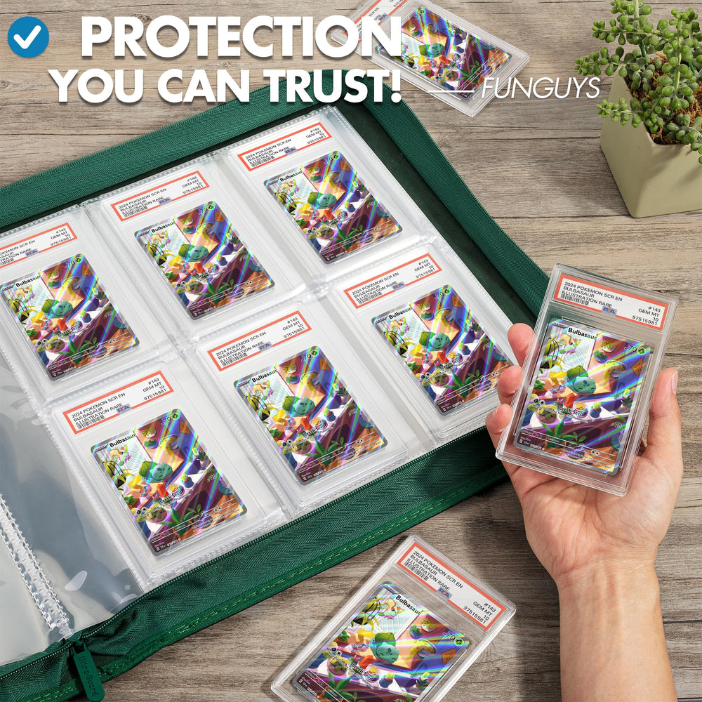 Side-loading pockets keep graded cards flat and visible in the binder.
