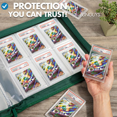 Side-loading pockets keep graded cards flat and visible in the binder.