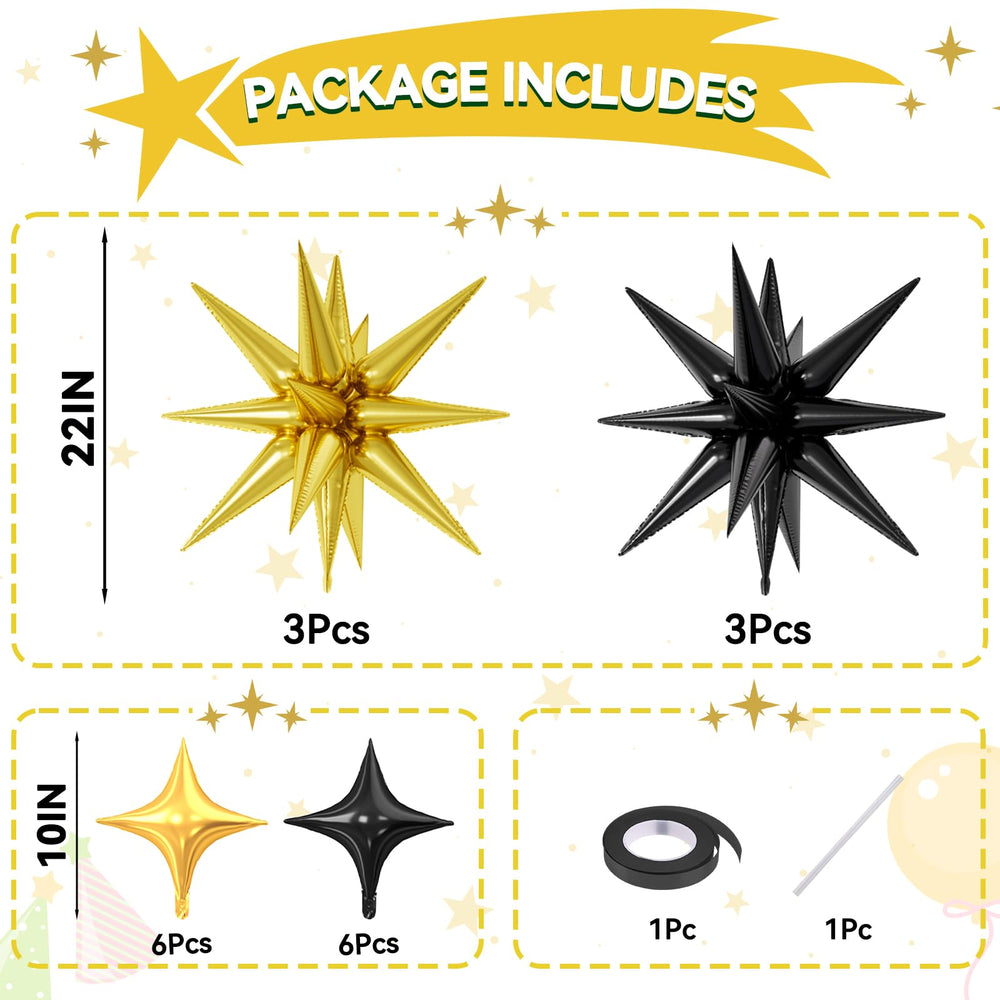 FunHot 22-inch black explosion star balloon creates dramatic black-gold contrast