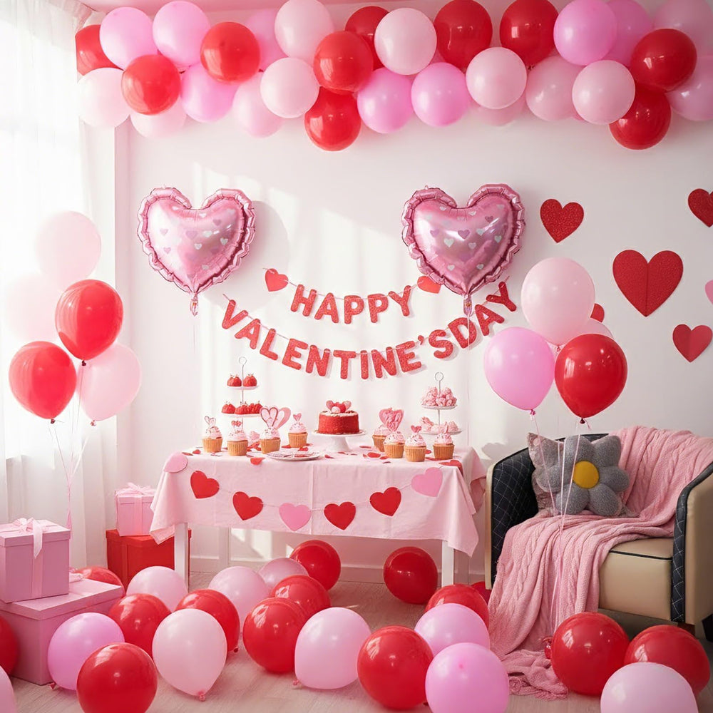 FunHot valentines day balloons display showcases vibrant pinks and reds