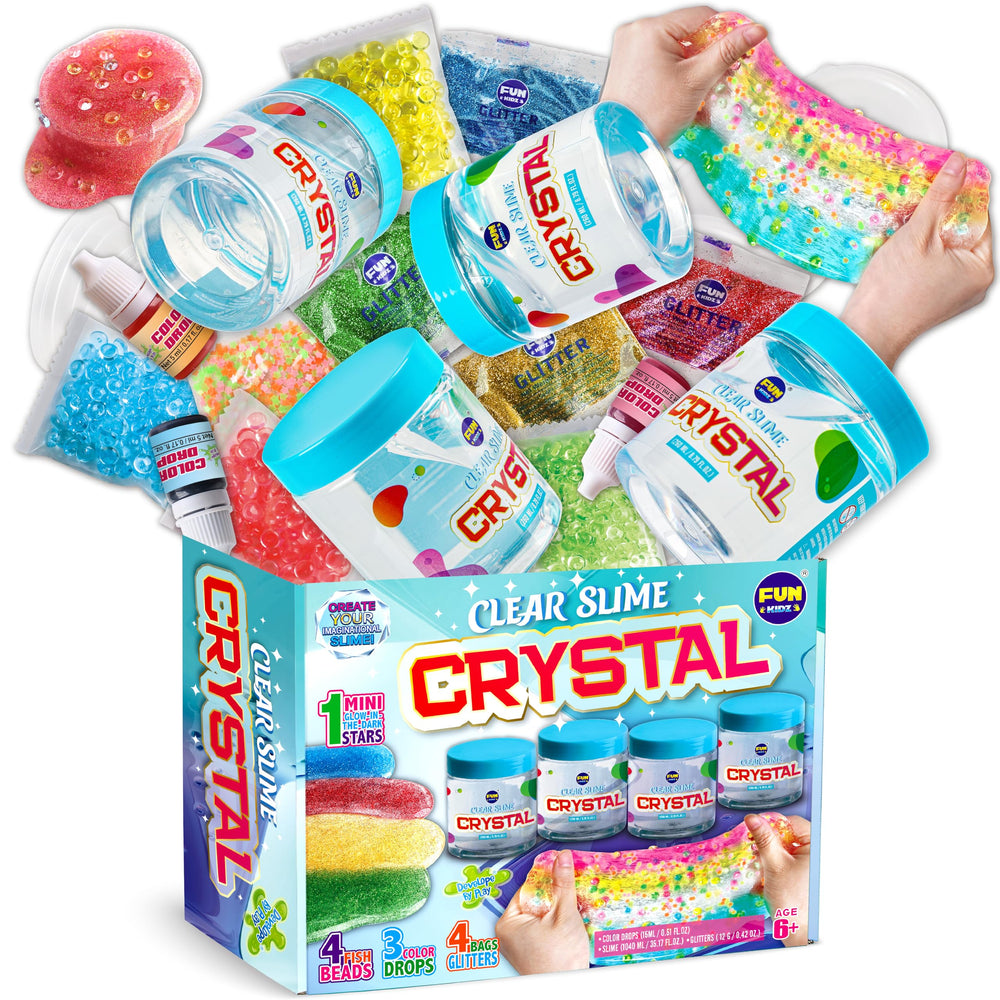FunKidz four-pack clear slime bottles show crystal-clear texture for sensory play.