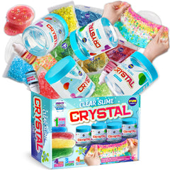 FunKidz four-pack clear slime bottles show crystal-clear texture for sensory play.