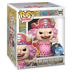 Funko Big Mom with Homies figure, back view, detailed artwork enhances display appeal.