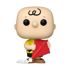 Funko Charlie Brown with Kite figurine shown in a glass case for display.