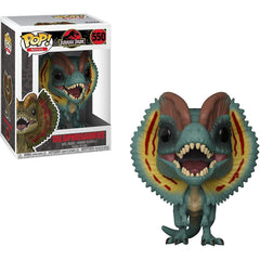 Funko Dilophosaurus figure close-up, highlighting stylized design and glossy finish for display.