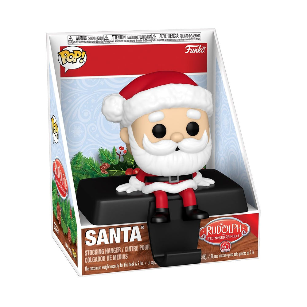 Funko Edge-Sitter Rudolph Santa stocking hanger displays stockings with festive charm.