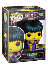 Funko Elvira glows under black light, highlighting neon colors for an eye-catching shelf.