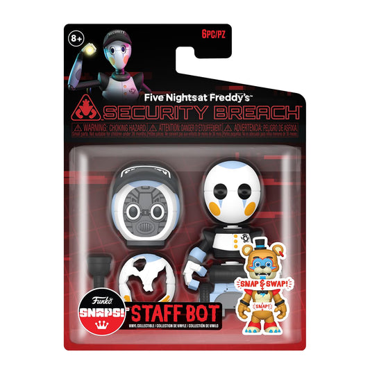 Funko FNAF Snaps Staff Bot figure on display, ideal for collectors and gifts.