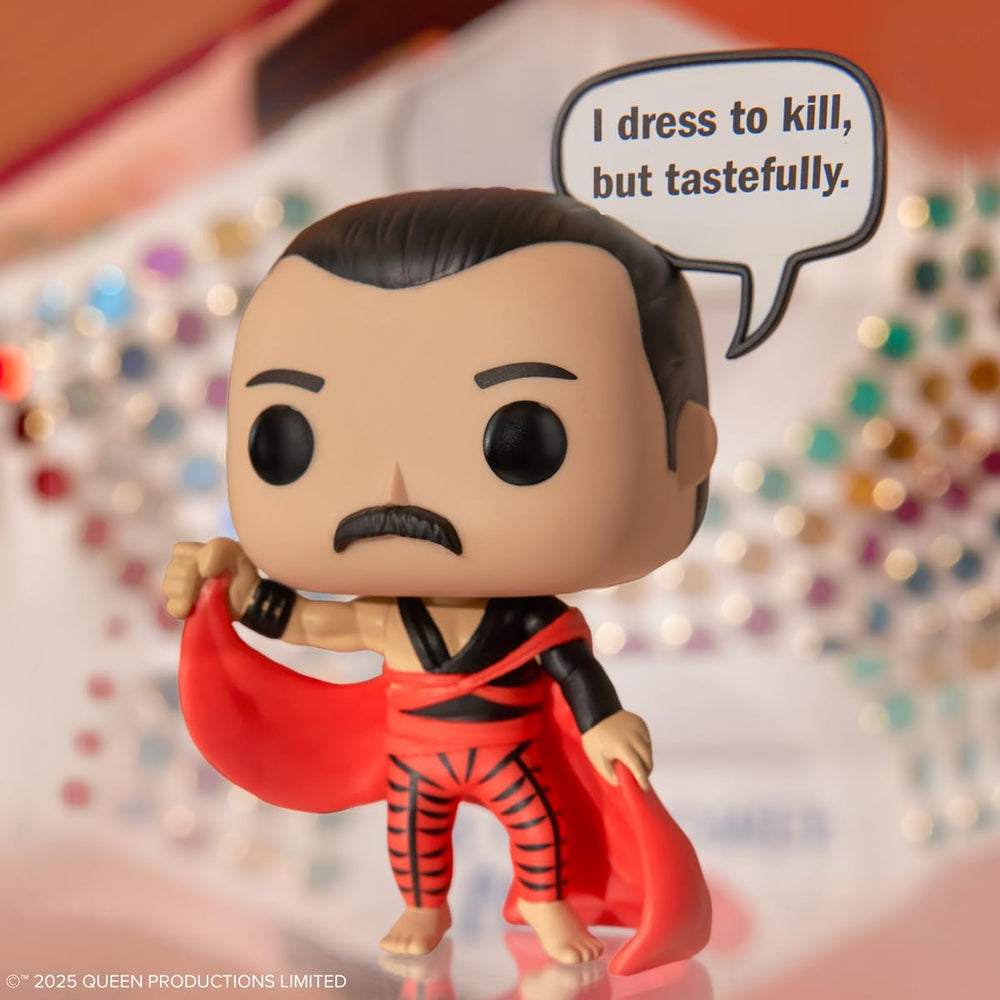 Funko Pop! Freddie Mercury Sayings speech bubble close-up highlights the signature quote.